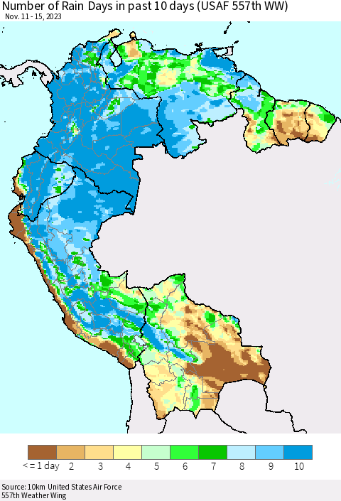 Northern South America Number of Rain Days in past 10 days (USAF 557th WW) Thematic Map For 11/11/2023 - 11/15/2023