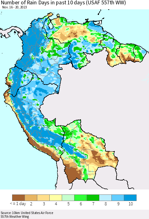 Northern South America Number of Rain Days in past 10 days (USAF 557th WW) Thematic Map For 11/16/2023 - 11/20/2023