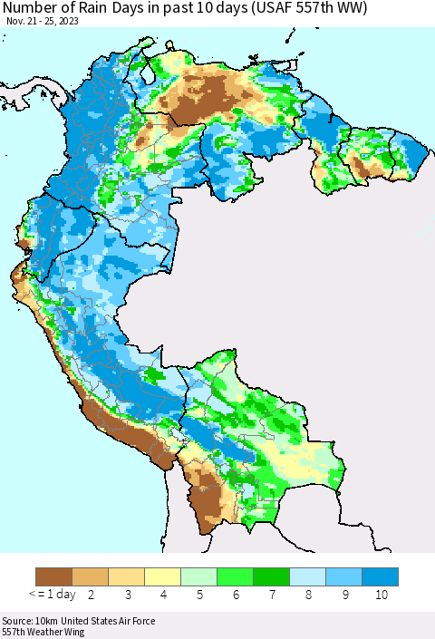 Northern South America Number of Rain Days in past 10 days (USAF 557th WW) Thematic Map For 11/21/2023 - 11/25/2023