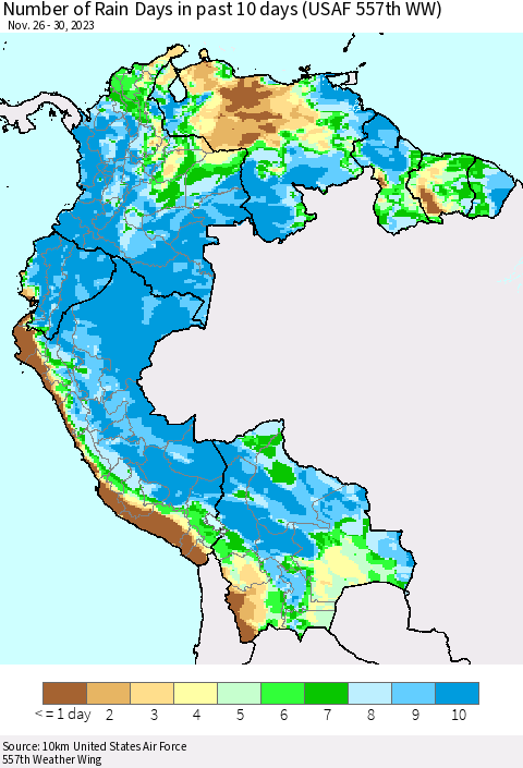 Northern South America Number of Rain Days in past 10 days (USAF 557th WW) Thematic Map For 11/26/2023 - 11/30/2023
