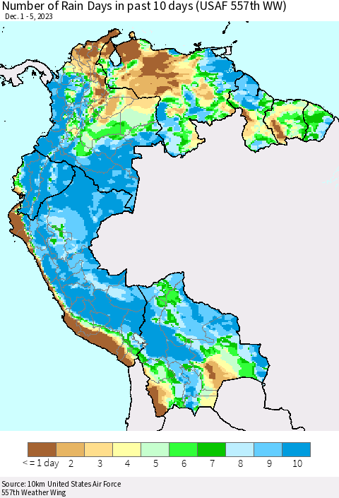 Northern South America Number of Rain Days in past 10 days (USAF 557th WW) Thematic Map For 12/1/2023 - 12/5/2023