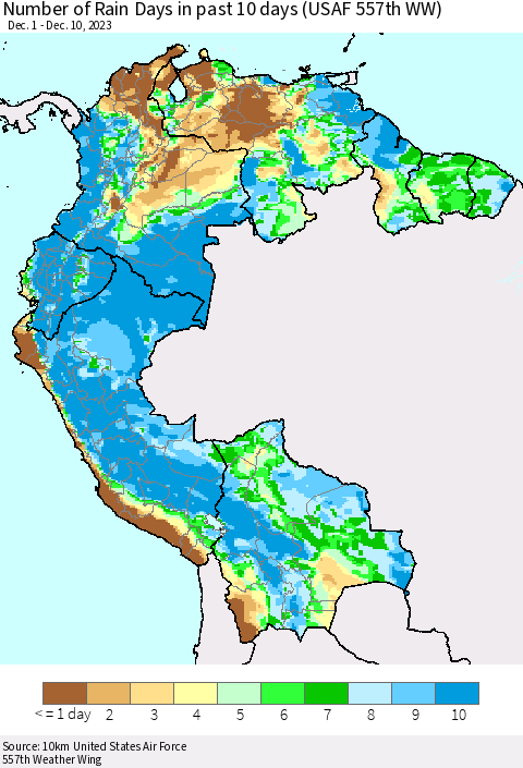 Northern South America Number of Rain Days in past 10 days (USAF 557th WW) Thematic Map For 12/6/2023 - 12/10/2023