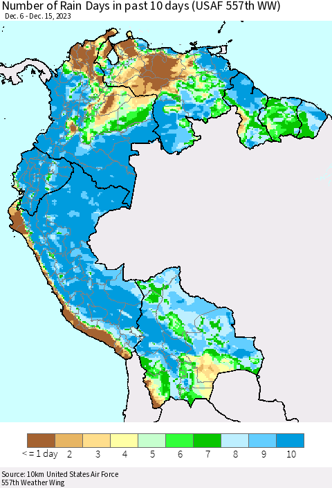 Northern South America Number of Rain Days in past 10 days (USAF 557th WW) Thematic Map For 12/11/2023 - 12/15/2023