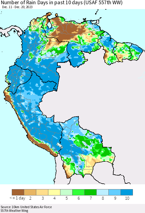 Northern South America Number of Rain Days in past 10 days (USAF 557th WW) Thematic Map For 12/16/2023 - 12/20/2023
