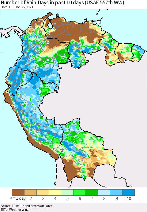 Northern South America Number of Rain Days in past 10 days (USAF 557th WW) Thematic Map For 12/21/2023 - 12/25/2023