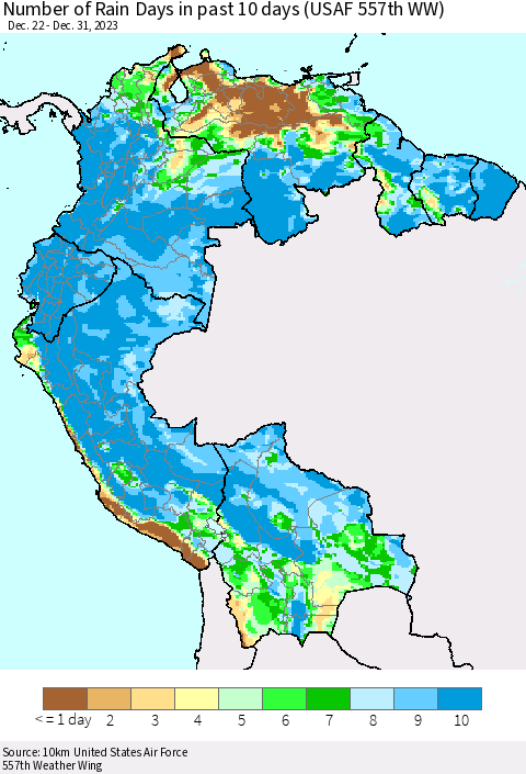 Northern South America Number of Rain Days in past 10 days (USAF 557th WW) Thematic Map For 12/26/2023 - 12/31/2023