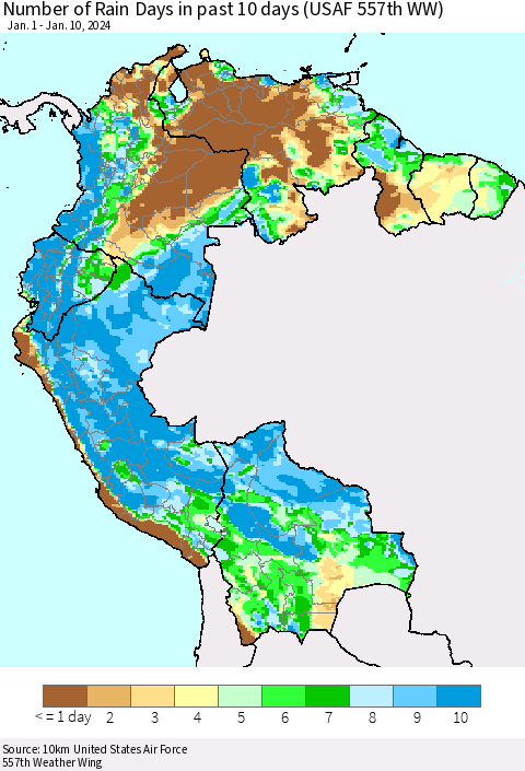Northern South America Number of Rain Days in past 10 days (USAF 557th WW) Thematic Map For 1/6/2024 - 1/10/2024
