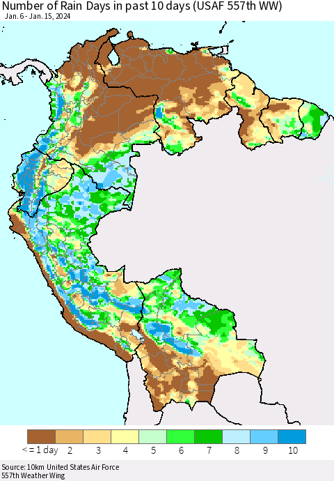 Northern South America Number of Rain Days in past 10 days (USAF 557th WW) Thematic Map For 1/11/2024 - 1/15/2024