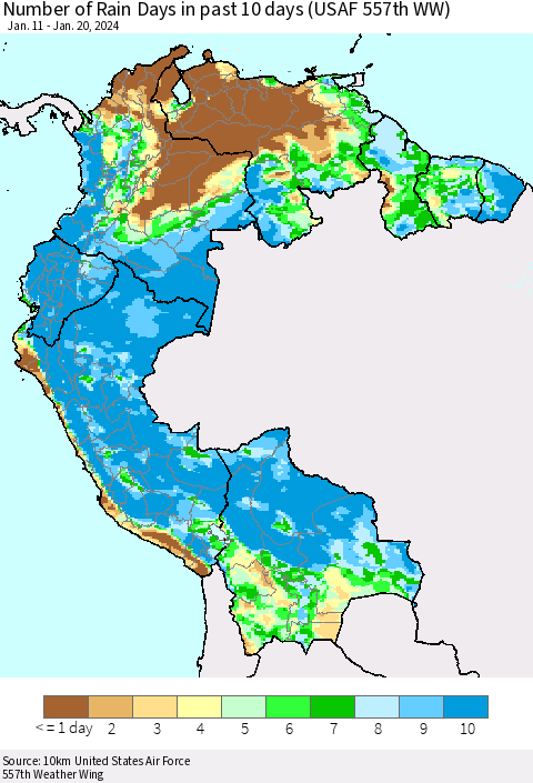 Northern South America Number of Rain Days in past 10 days (USAF 557th WW) Thematic Map For 1/16/2024 - 1/20/2024