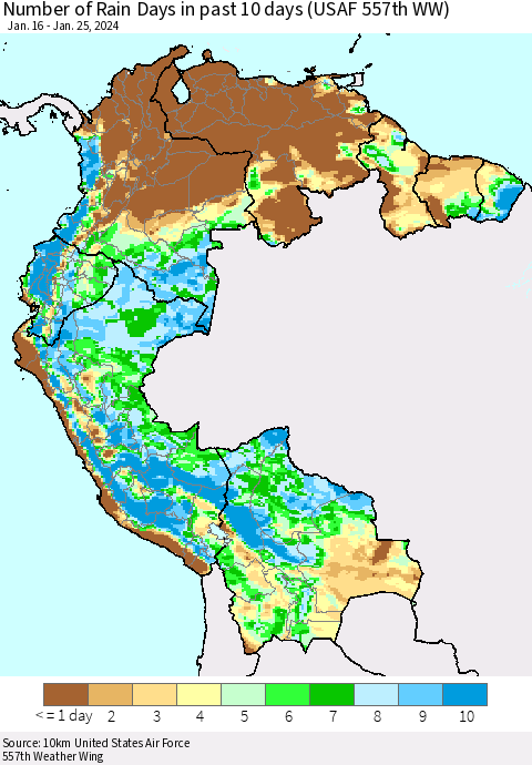 Northern South America Number of Rain Days in past 10 days (USAF 557th WW) Thematic Map For 1/21/2024 - 1/25/2024
