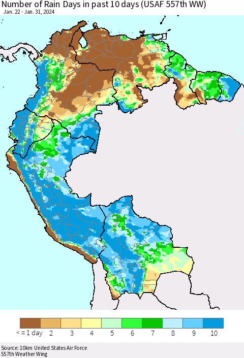Northern South America Number of Rain Days in past 10 days (USAF 557th WW) Thematic Map For 1/26/2024 - 1/31/2024