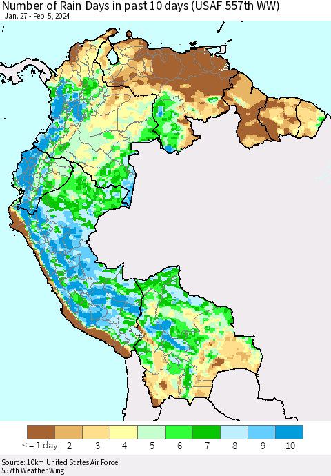 Northern South America Number of Rain Days in past 10 days (USAF 557th WW) Thematic Map For 2/1/2024 - 2/5/2024