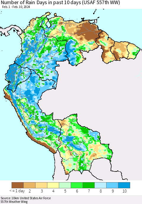 Northern South America Number of Rain Days in past 10 days (USAF 557th WW) Thematic Map For 2/6/2024 - 2/10/2024