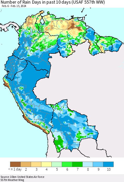 Northern South America Number of Rain Days in past 10 days (USAF 557th WW) Thematic Map For 2/11/2024 - 2/15/2024