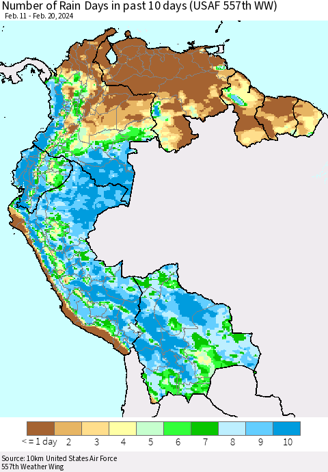 Northern South America Number of Rain Days in past 10 days (USAF 557th WW) Thematic Map For 2/16/2024 - 2/20/2024