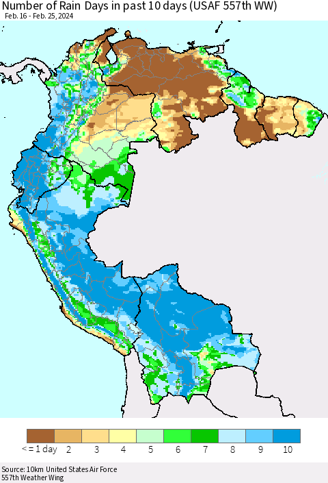 Northern South America Number of Rain Days in past 10 days (USAF 557th WW) Thematic Map For 2/21/2024 - 2/25/2024
