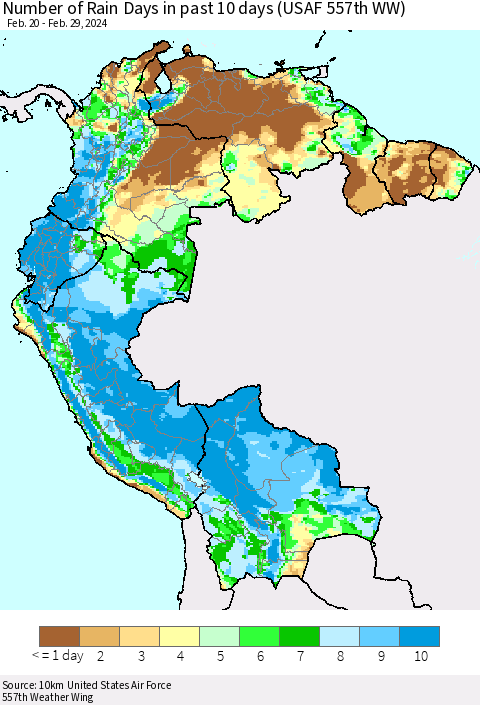 Northern South America Number of Rain Days in past 10 days (USAF 557th WW) Thematic Map For 2/26/2024 - 2/29/2024