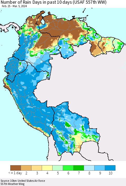 Northern South America Number of Rain Days in past 10 days (USAF 557th WW) Thematic Map For 3/1/2024 - 3/5/2024
