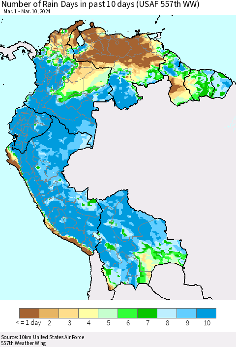 Northern South America Number of Rain Days in past 10 days (USAF 557th WW) Thematic Map For 3/6/2024 - 3/10/2024