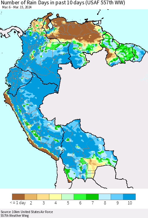 Northern South America Number of Rain Days in past 10 days (USAF 557th WW) Thematic Map For 3/11/2024 - 3/15/2024