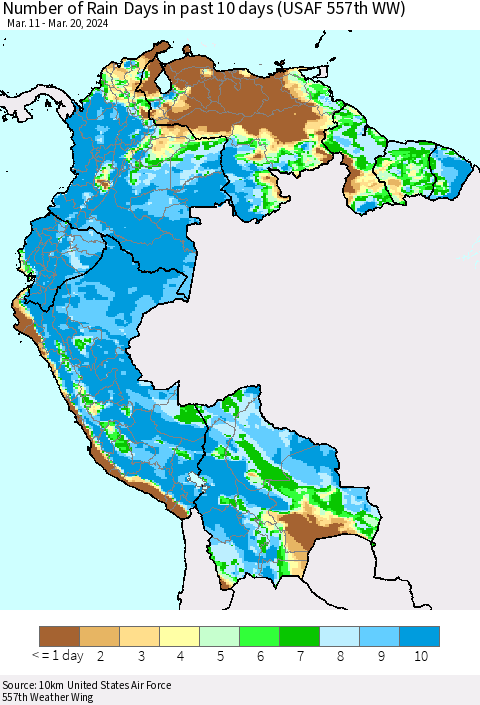 Northern South America Number of Rain Days in past 10 days (USAF 557th WW) Thematic Map For 3/16/2024 - 3/20/2024