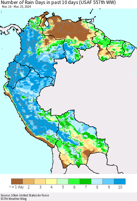 Northern South America Number of Rain Days in past 10 days (USAF 557th WW) Thematic Map For 3/21/2024 - 3/25/2024