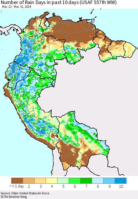 Northern South America Number of Rain Days in past 10 days (USAF 557th WW) Thematic Map For 3/26/2024 - 3/31/2024