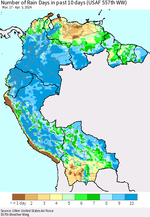 Northern South America Number of Rain Days in past 10 days (USAF 557th WW) Thematic Map For 4/1/2024 - 4/5/2024