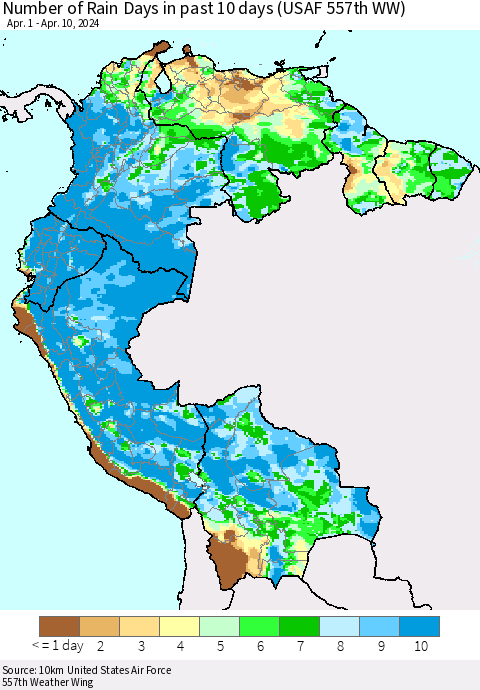 Northern South America Number of Rain Days in past 10 days (USAF 557th WW) Thematic Map For 4/6/2024 - 4/10/2024