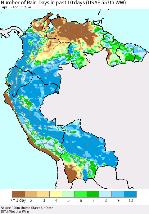 Northern South America Number of Rain Days in past 10 days (USAF 557th WW) Thematic Map For 4/11/2024 - 4/15/2024