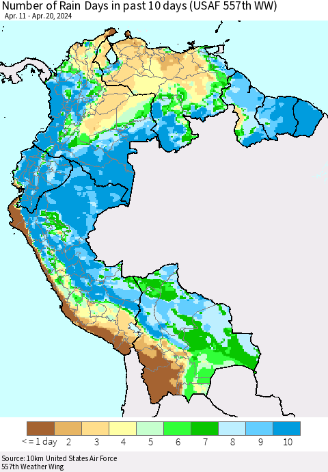 Northern South America Number of Rain Days in past 10 days (USAF 557th WW) Thematic Map For 4/16/2024 - 4/20/2024