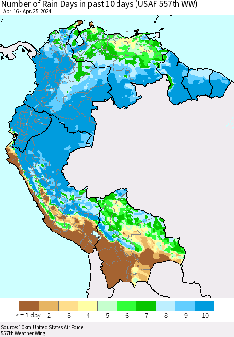 Northern South America Number of Rain Days in past 10 days (USAF 557th WW) Thematic Map For 4/21/2024 - 4/25/2024