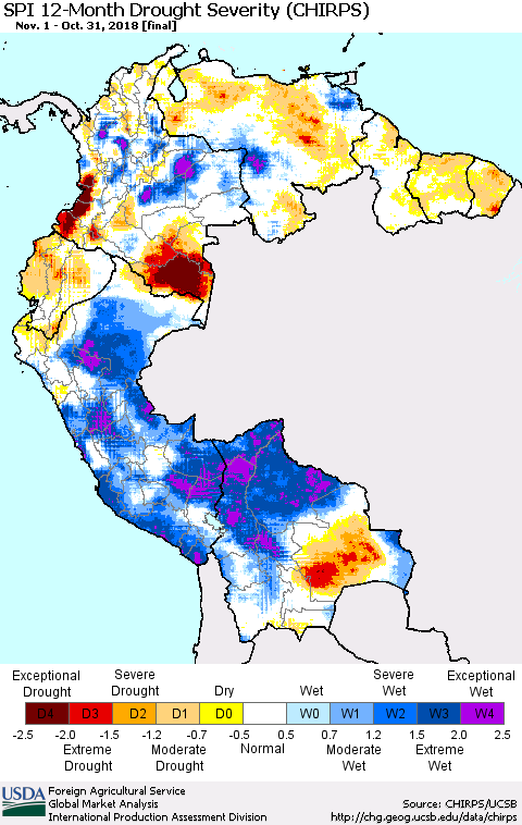 Northern South America SPI 12-Month Drought Severity (CHIRPS) Thematic Map For 11/1/2017 - 10/31/2018
