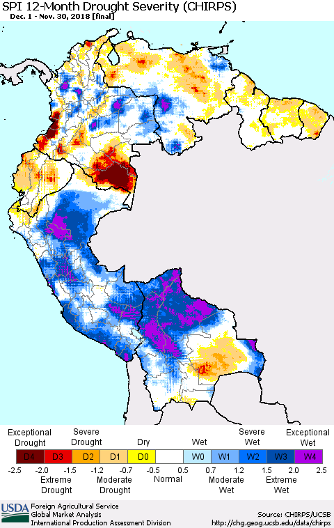 Northern South America SPI 12-Month Drought Severity (CHIRPS) Thematic Map For 12/1/2017 - 11/30/2018