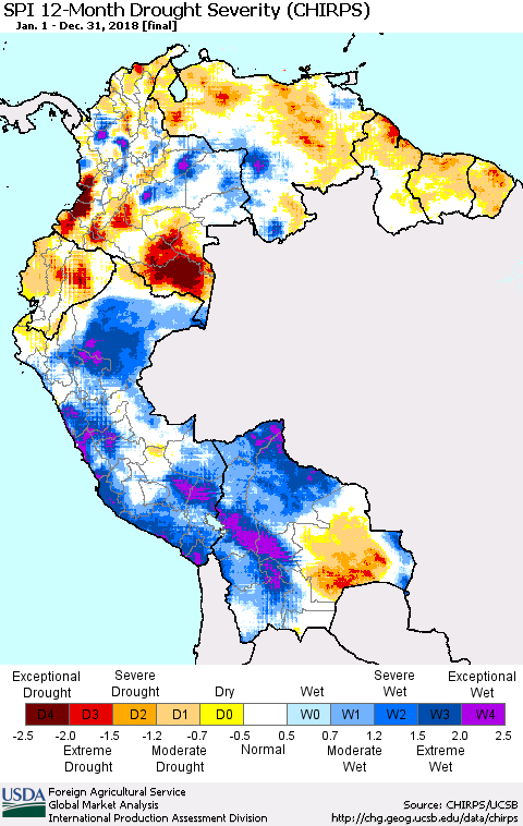 Northern South America SPI 12-Month Drought Severity (CHIRPS) Thematic Map For 1/1/2018 - 12/31/2018