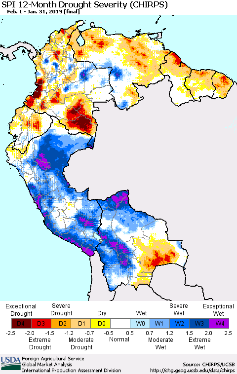 Northern South America SPI 12-Month Drought Severity (CHIRPS) Thematic Map For 2/1/2018 - 1/31/2019