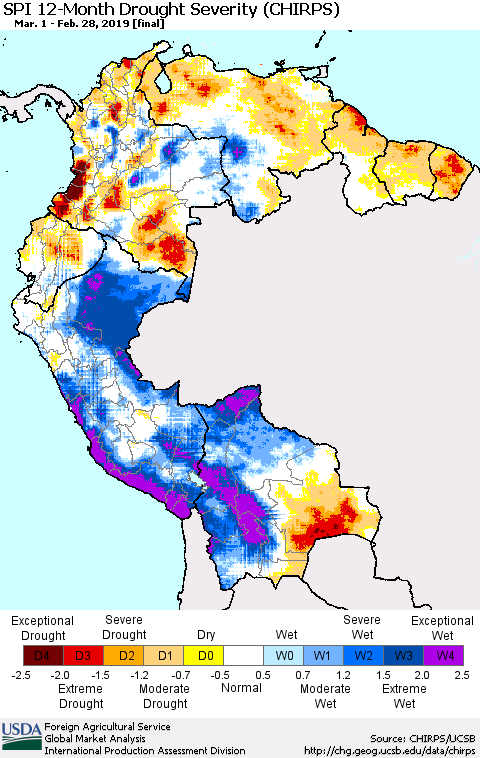Northern South America SPI 12-Month Drought Severity (CHIRPS) Thematic Map For 3/1/2018 - 2/28/2019