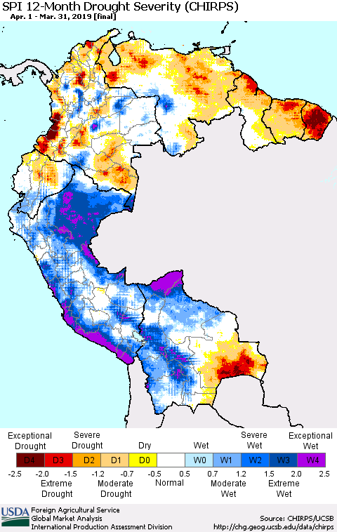 Northern South America SPI 12-Month Drought Severity (CHIRPS) Thematic Map For 4/1/2018 - 3/31/2019