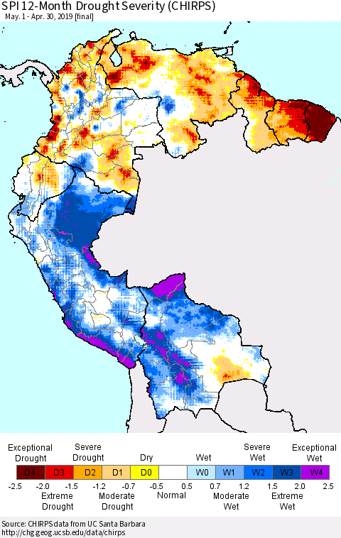 Northern South America SPI 12-Month Drought Severity (CHIRPS) Thematic Map For 5/1/2018 - 4/30/2019