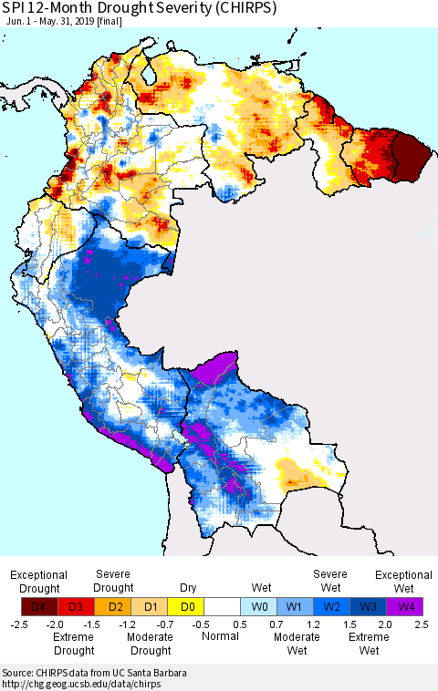 Northern South America SPI 12-Month Drought Severity (CHIRPS) Thematic Map For 6/1/2018 - 5/31/2019
