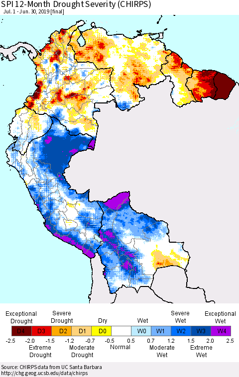 Northern South America SPI 12-Month Drought Severity (CHIRPS) Thematic Map For 7/1/2018 - 6/30/2019