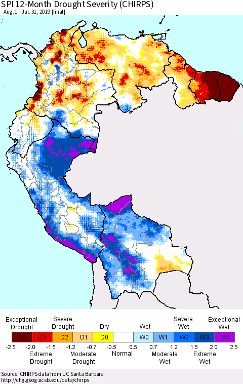 Northern South America SPI 12-Month Drought Severity (CHIRPS) Thematic Map For 8/1/2018 - 7/31/2019