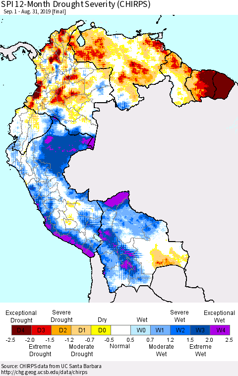 Northern South America SPI 12-Month Drought Severity (CHIRPS) Thematic Map For 9/1/2018 - 8/31/2019