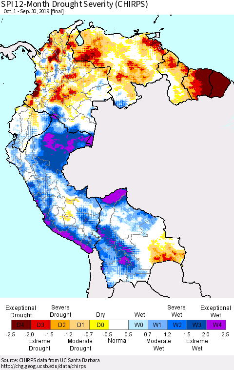Northern South America SPI 12-Month Drought Severity (CHIRPS) Thematic Map For 10/1/2018 - 9/30/2019