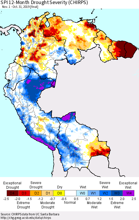 Northern South America SPI 12-Month Drought Severity (CHIRPS) Thematic Map For 11/1/2018 - 10/31/2019