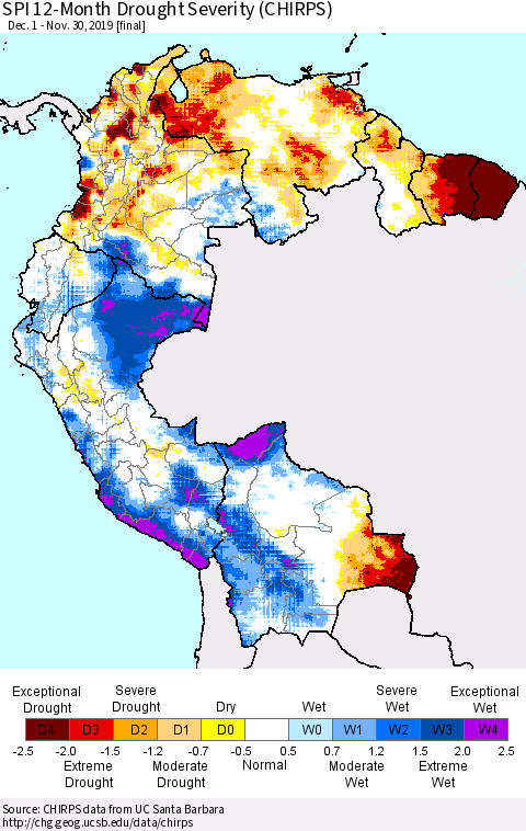 Northern South America SPI 12-Month Drought Severity (CHIRPS) Thematic Map For 12/1/2018 - 11/30/2019