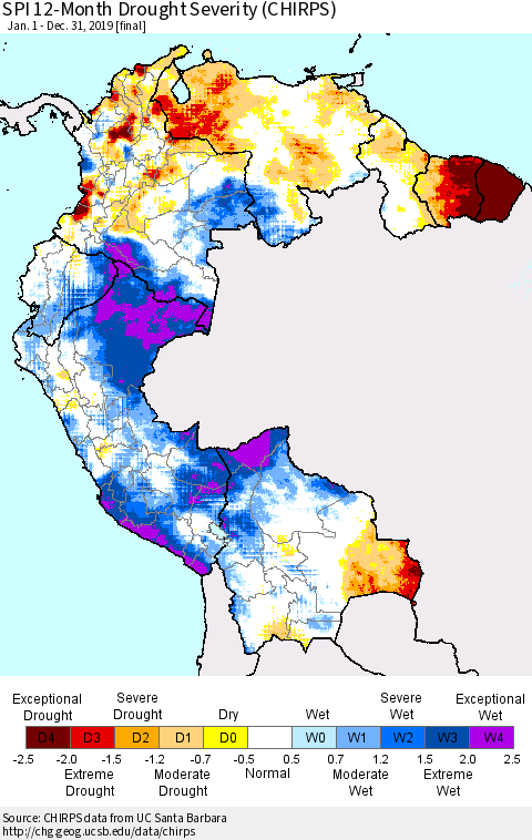 Northern South America SPI 12-Month Drought Severity (CHIRPS) Thematic Map For 1/1/2019 - 12/31/2019