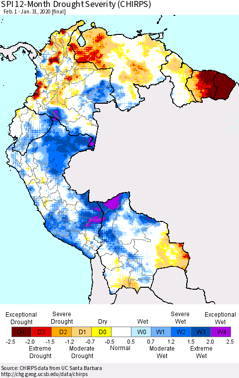 Northern South America SPI 12-Month Drought Severity (CHIRPS) Thematic Map For 2/1/2019 - 1/31/2020