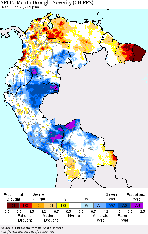 Northern South America SPI 12-Month Drought Severity (CHIRPS) Thematic Map For 3/1/2019 - 2/29/2020