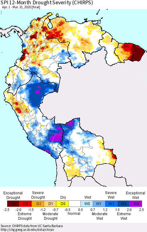 Northern South America SPI 12-Month Drought Severity (CHIRPS) Thematic Map For 4/1/2019 - 3/31/2020